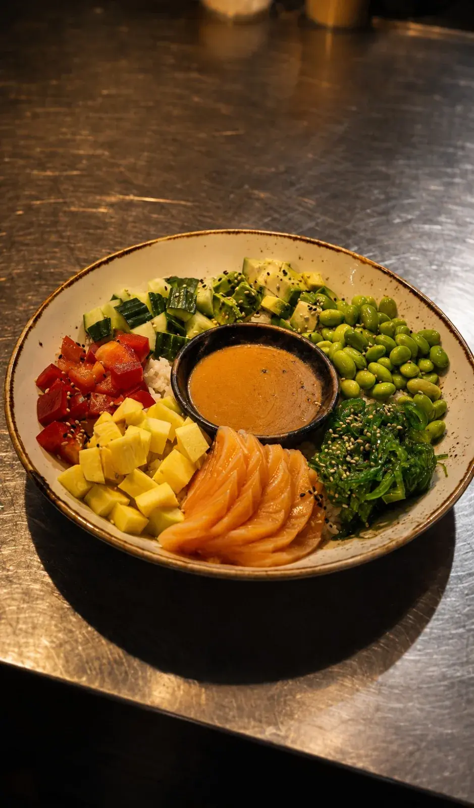 Lunch at MO: bowl with salmon, edamame, avocado and wakame