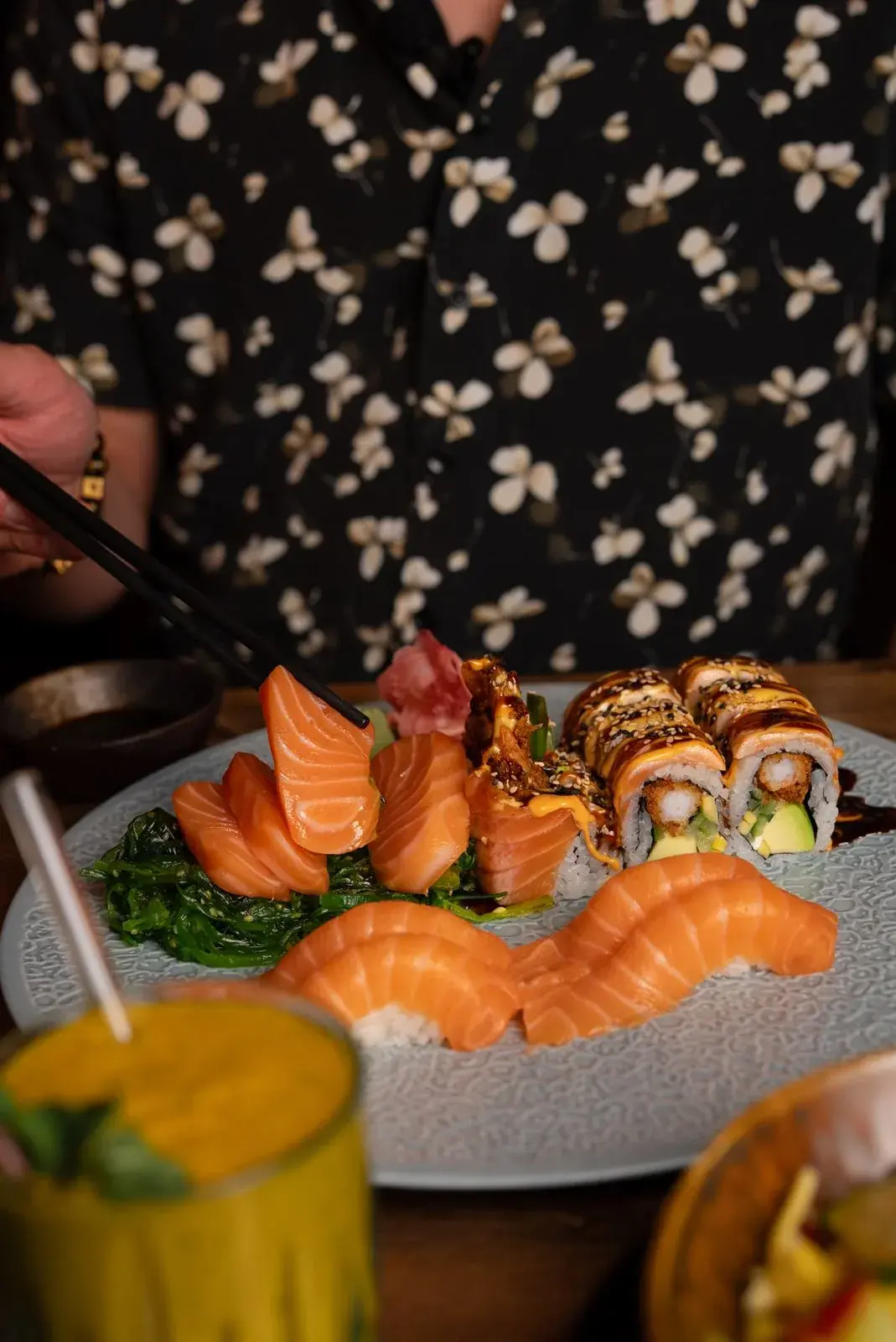 Sushi platter with signature roll and sashimi